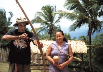 On the war path against visa regulations: caribbean shaman Gerrad Langlais with wife Karina
