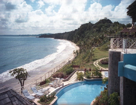 View to the hotel-area with a view to the beach of the Salybia Resort